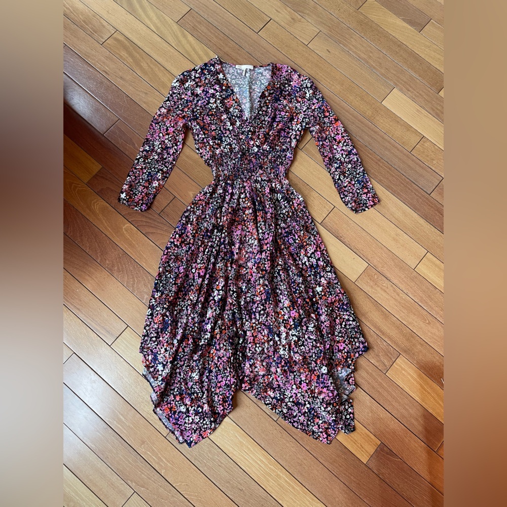 Maje Avianah Floral Asymmetrical Midi Dress Size 38 Black Pink Handkerchief - Picture 5 of 15